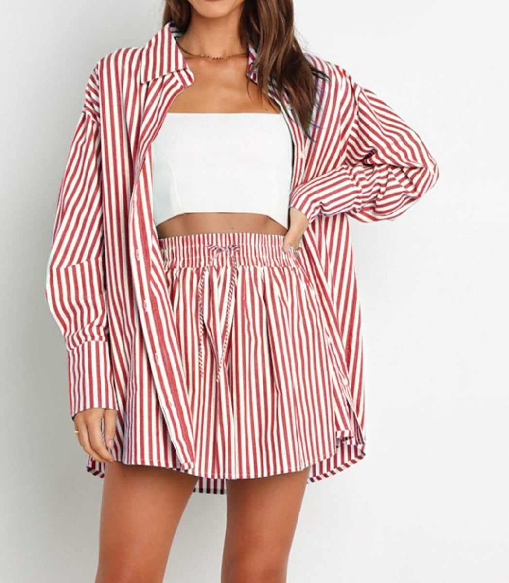 Striped Dropped Shoulder Shirt and Shorts Set