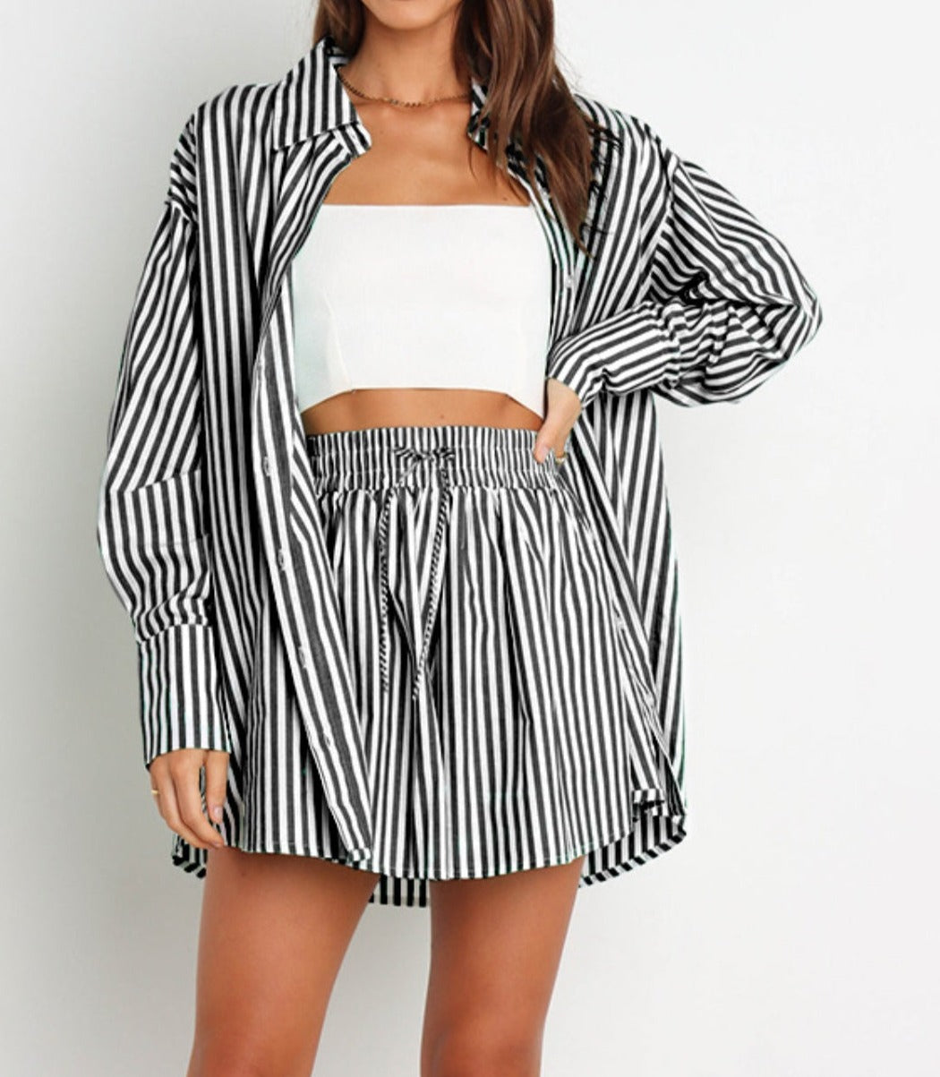 Striped Dropped Shoulder Shirt and Shorts Set