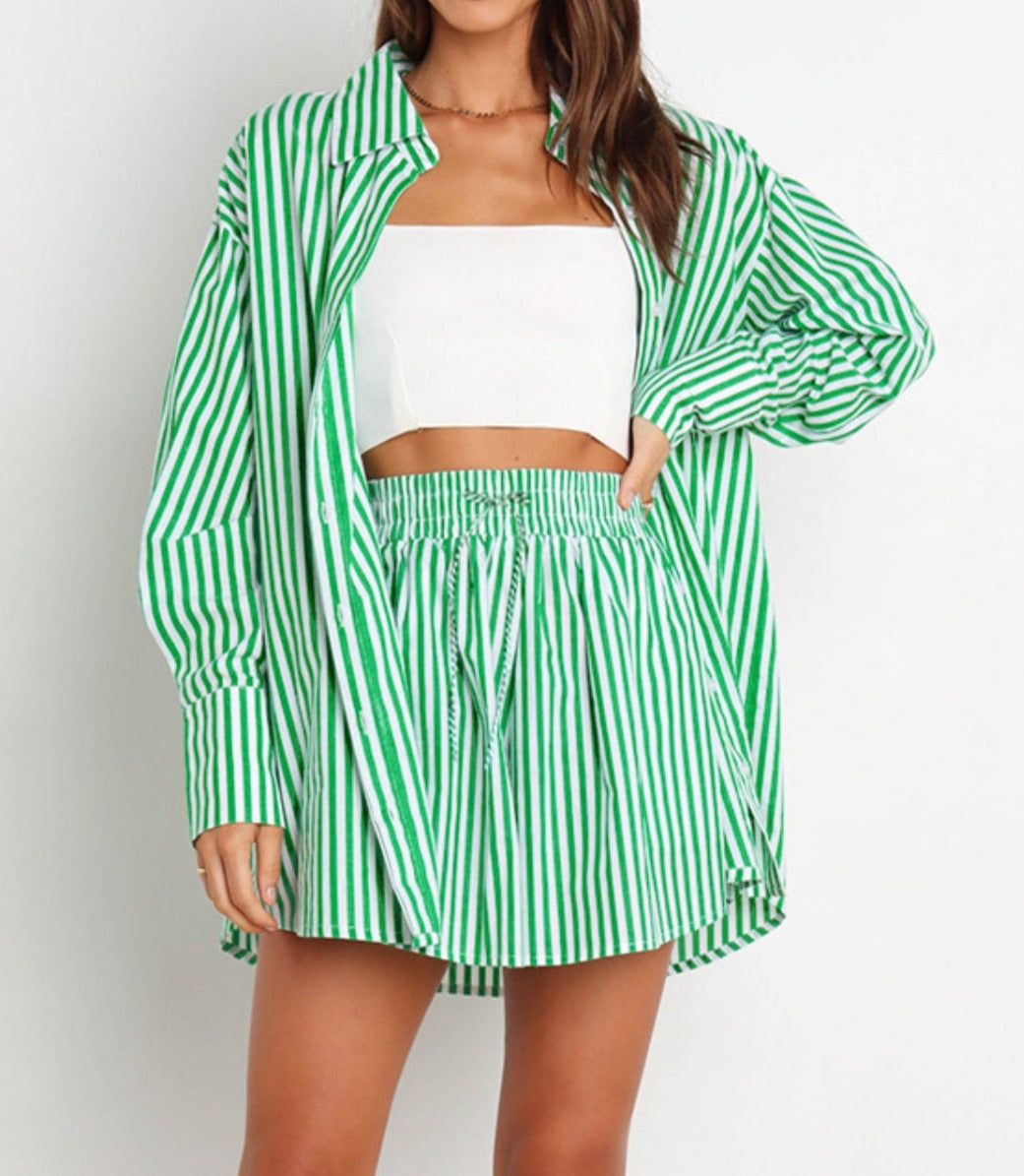 Striped Dropped Shoulder Shirt and Shorts Set