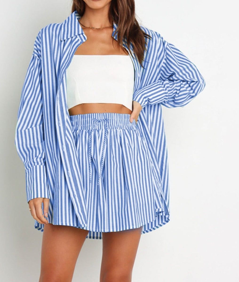 Striped Dropped Shoulder Shirt and Shorts Set