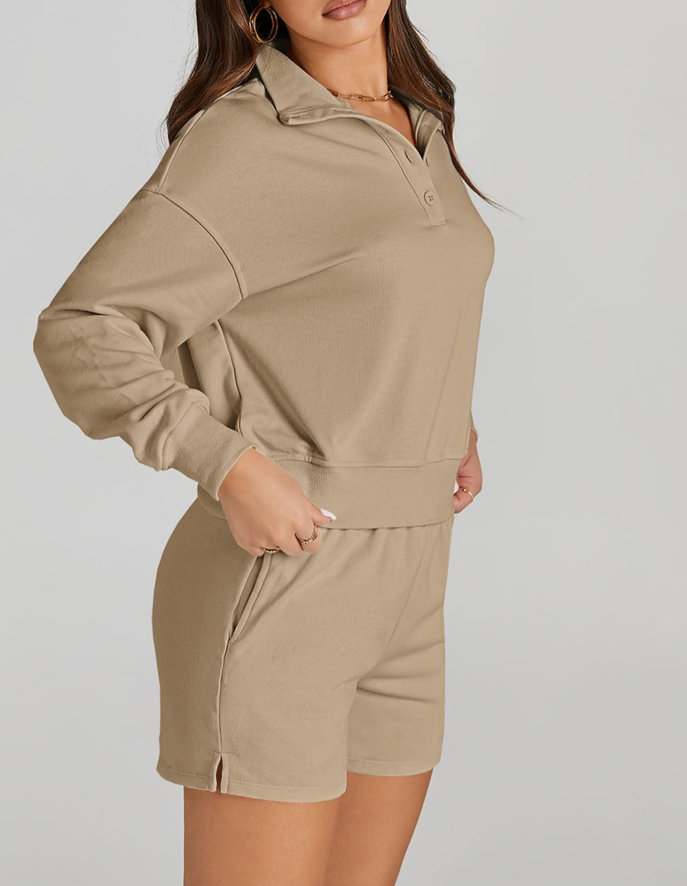 Half Button Sweatshirt and Shorts Active Set