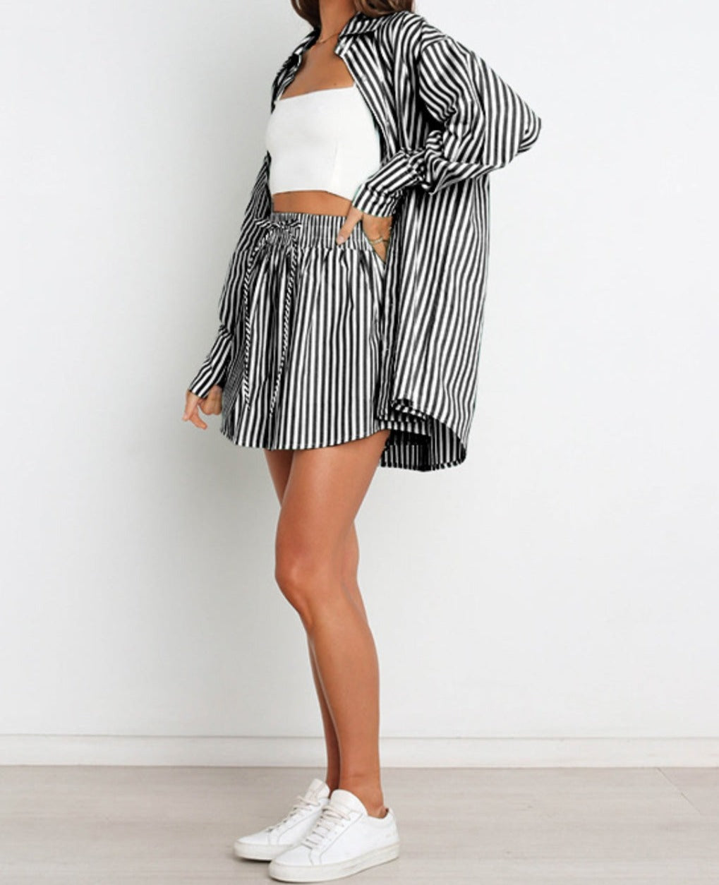 Striped Dropped Shoulder Shirt and Shorts Set