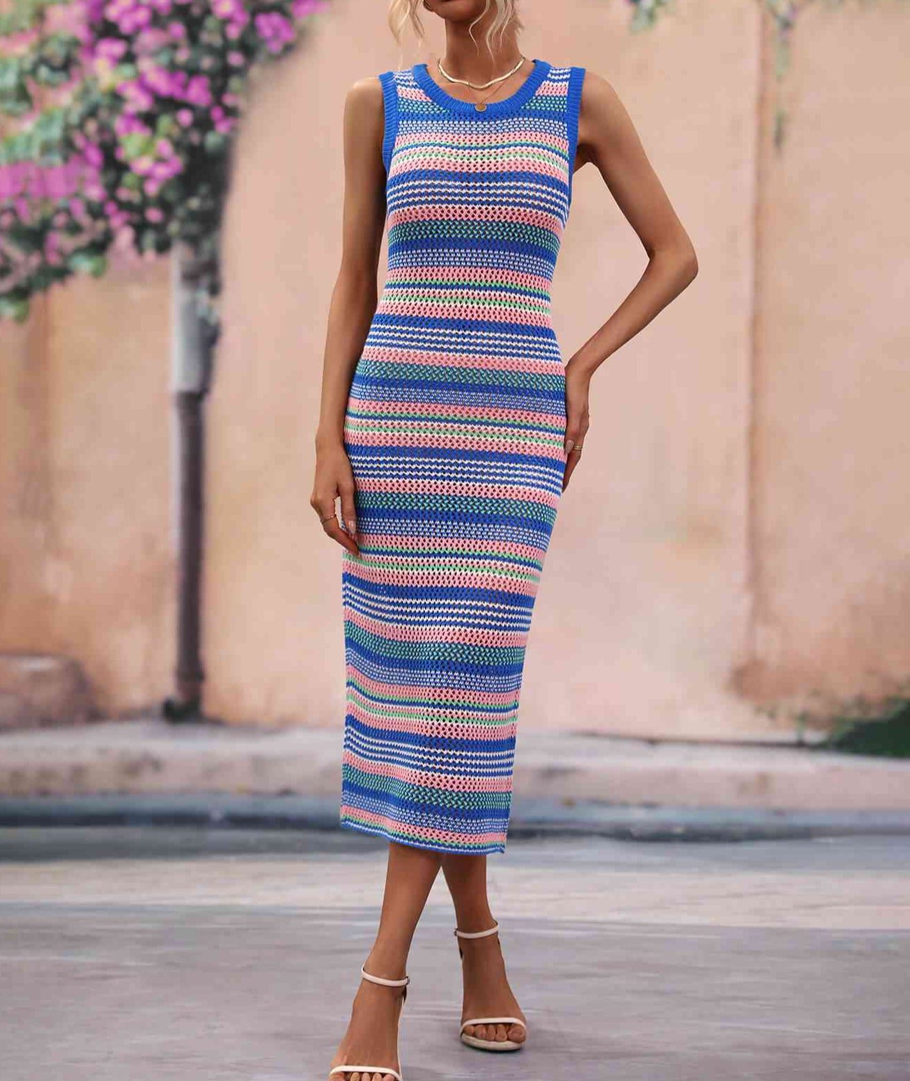 Striped Round Neck Sleeveless Midi Cover Up Dress