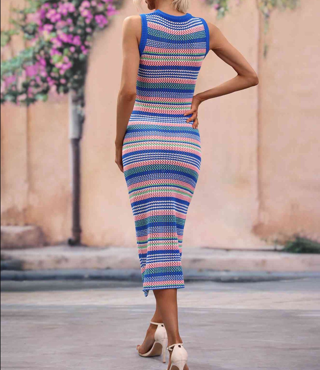 Striped Round Neck Sleeveless Midi Cover Up Dress