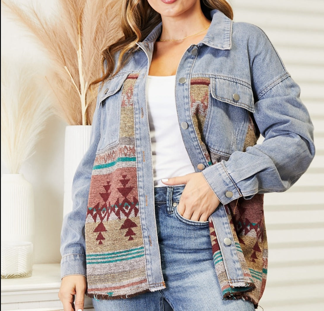 Collared Neck Dropped Shoulder Denim Jacket