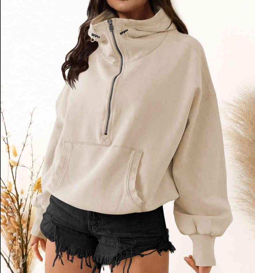 Zip-Up Dropped Shoulder Hoodie