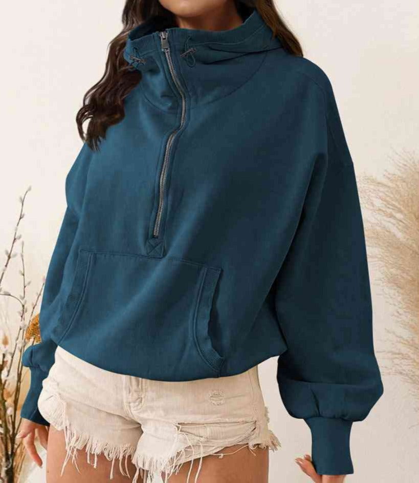 Zip-Up Dropped Shoulder Hoodie