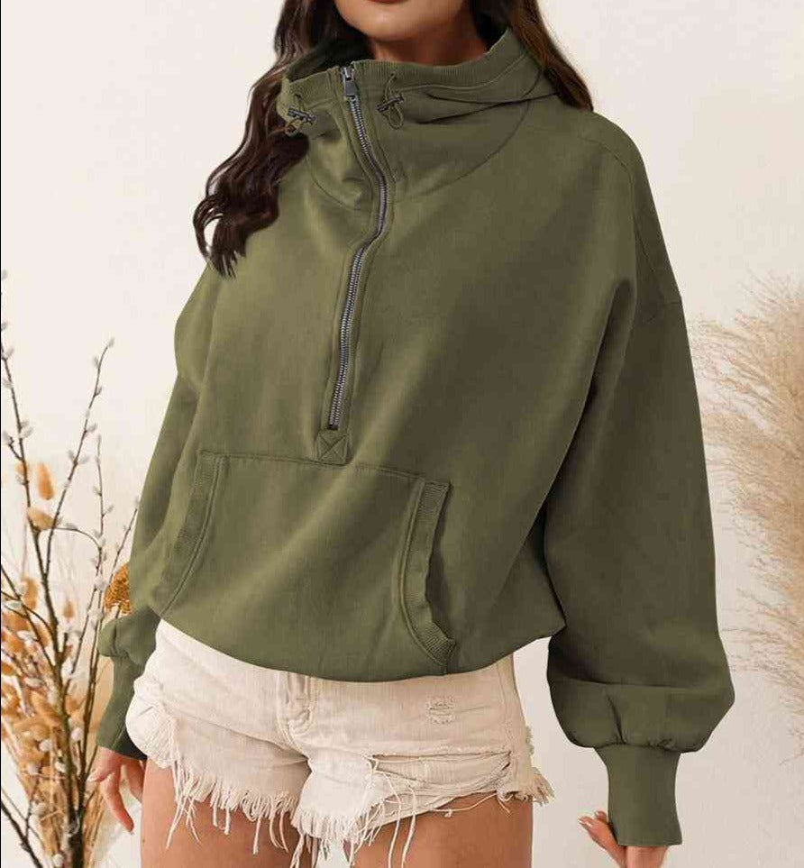 Zip-Up Dropped Shoulder Hoodie