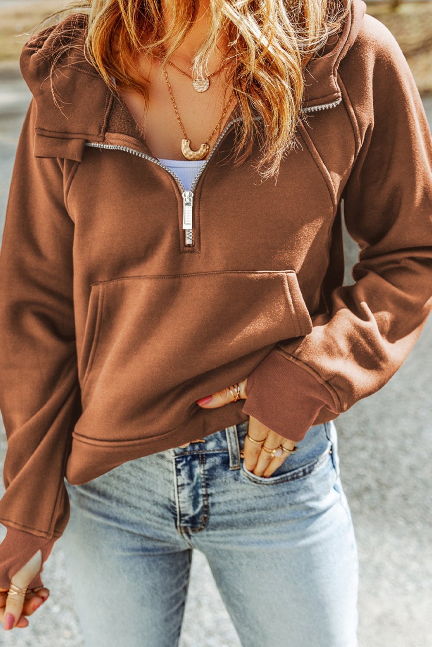 Double Take Half-Zip Thumbhole Sleeve Hoodie