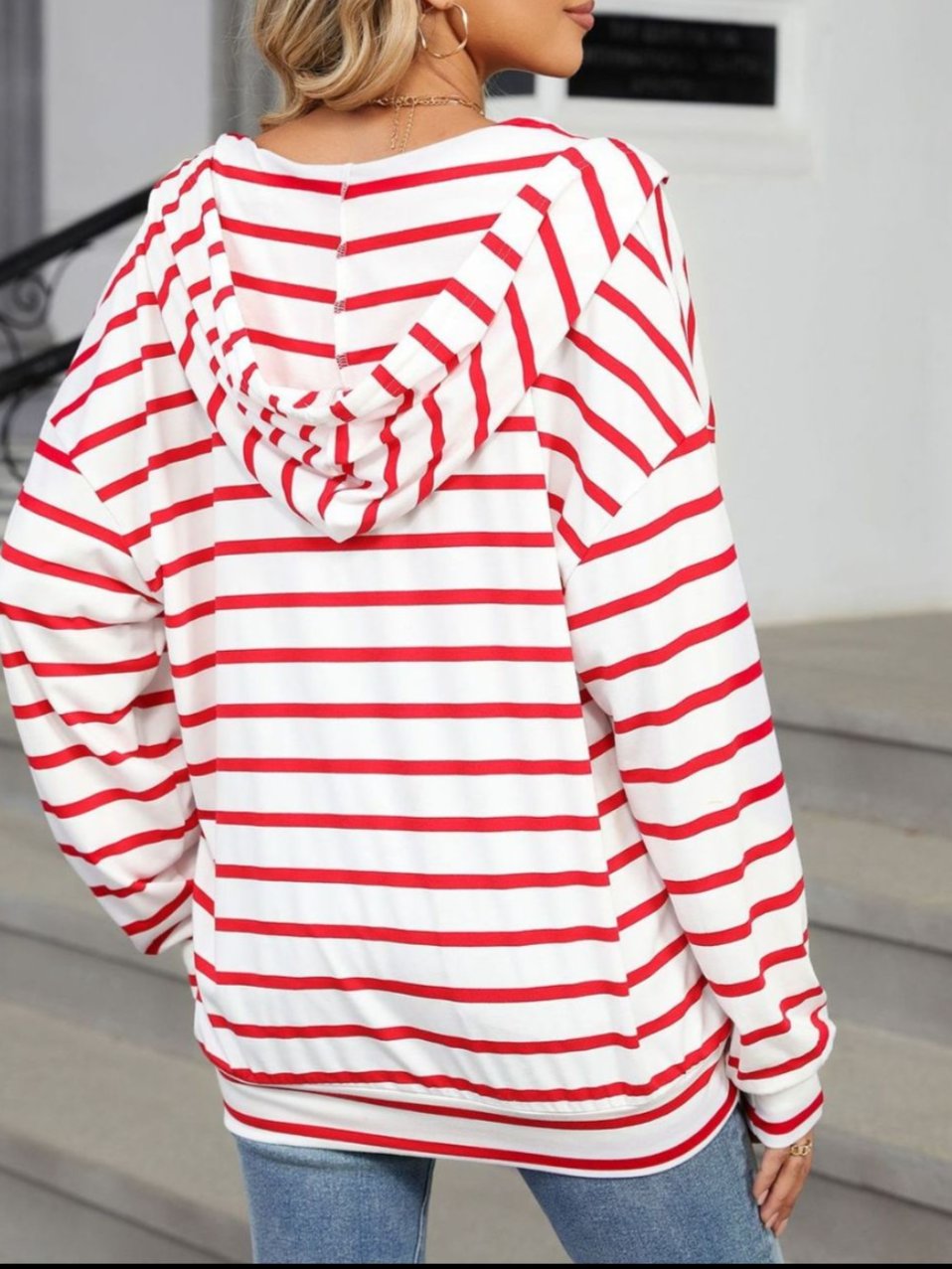 Drawstring Striped Long Sleeve Hoodie