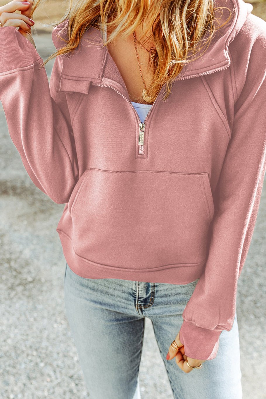 Double Take Half-Zip Thumbhole Sleeve Hoodie