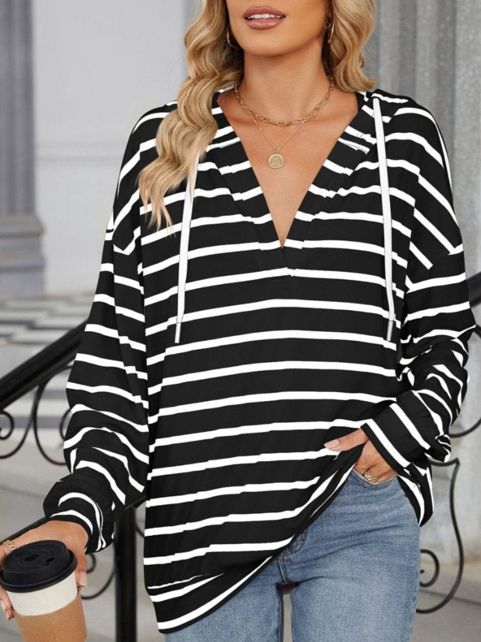 Drawstring Striped Long Sleeve Hoodie