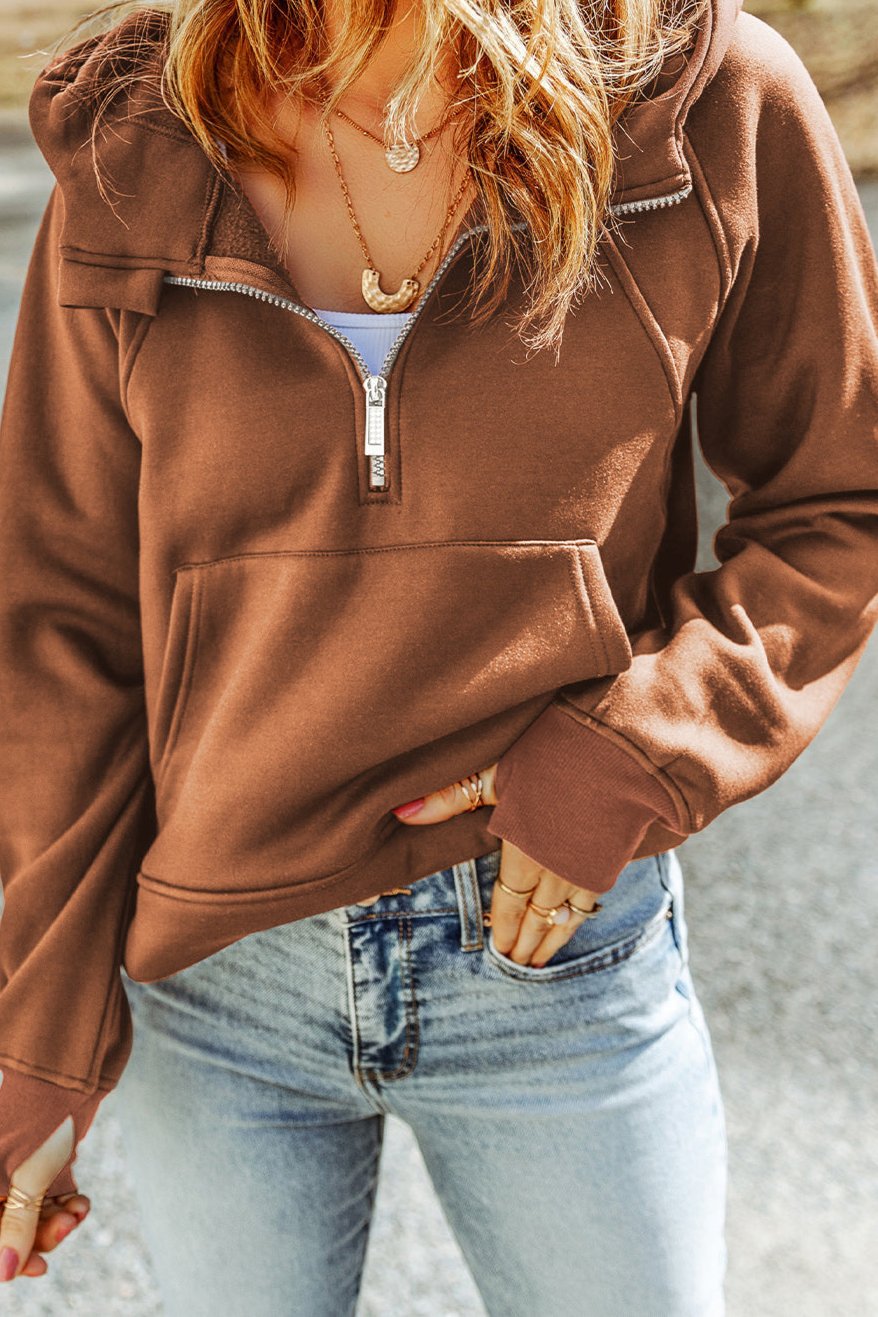 Double Take Half-Zip Thumbhole Sleeve Hoodie