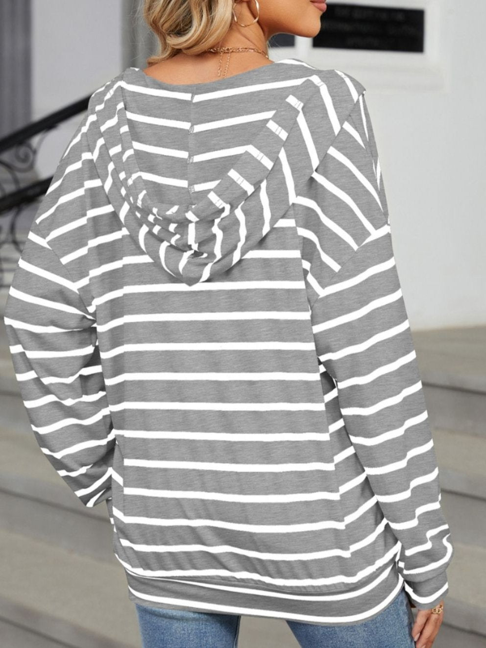 Drawstring Striped Long Sleeve Hoodie