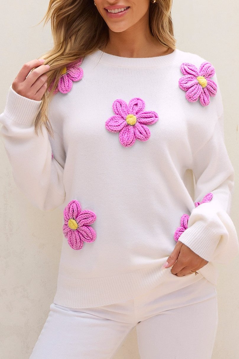 Crochet Flower Round Neck Long Sleeve Sweater