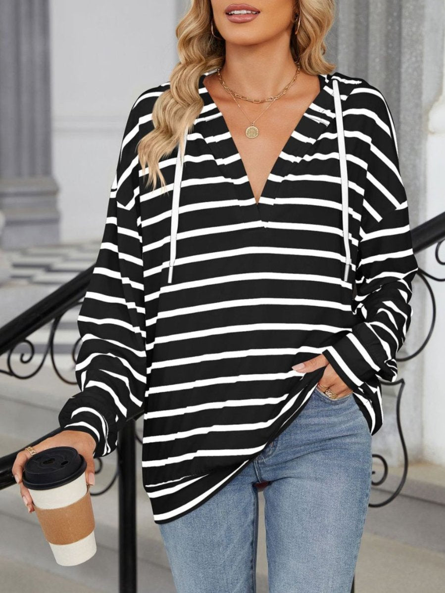 Drawstring Striped Long Sleeve Hoodie