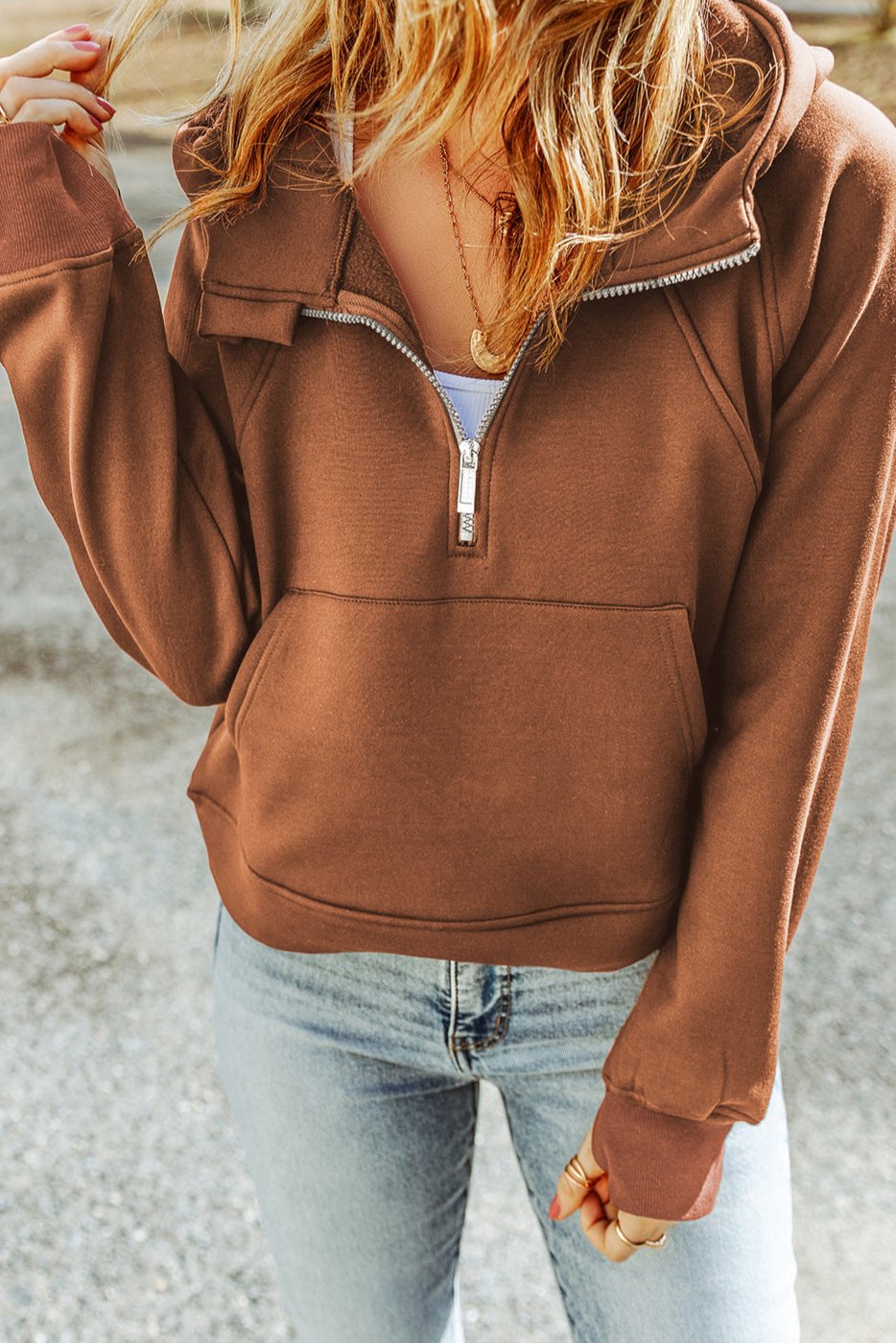 Double Take Half-Zip Thumbhole Sleeve Hoodie