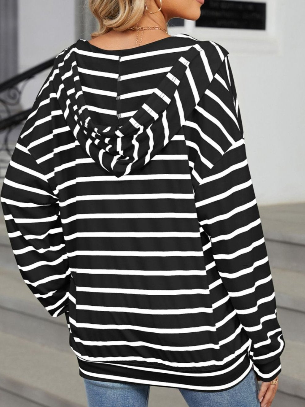 Drawstring Striped Long Sleeve Hoodie