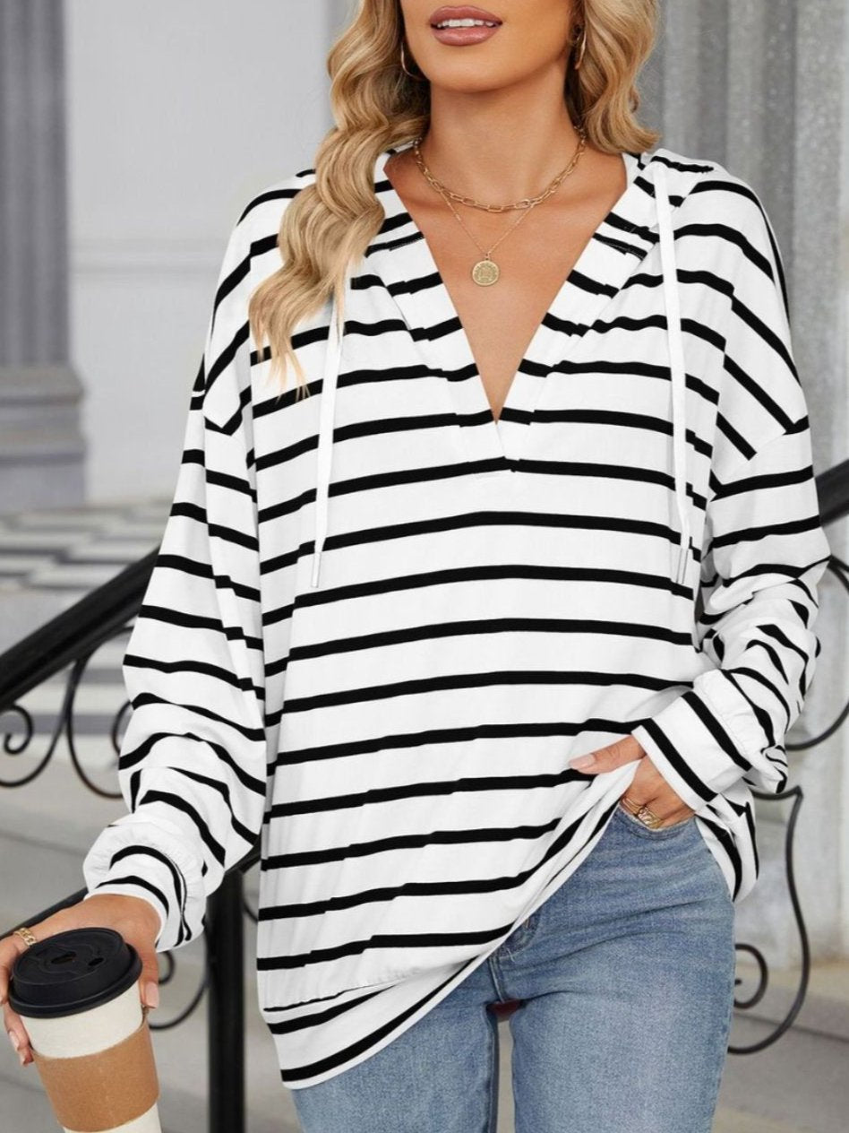 Drawstring Striped Long Sleeve Hoodie