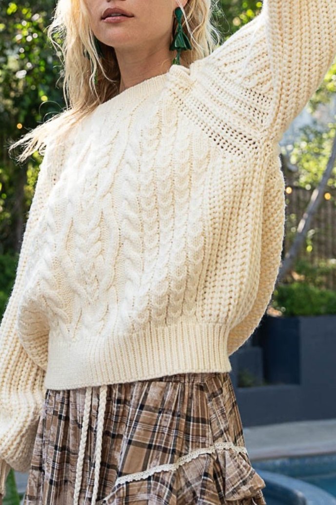 POL Cable Knit Cutout Long Sleeve Sweater