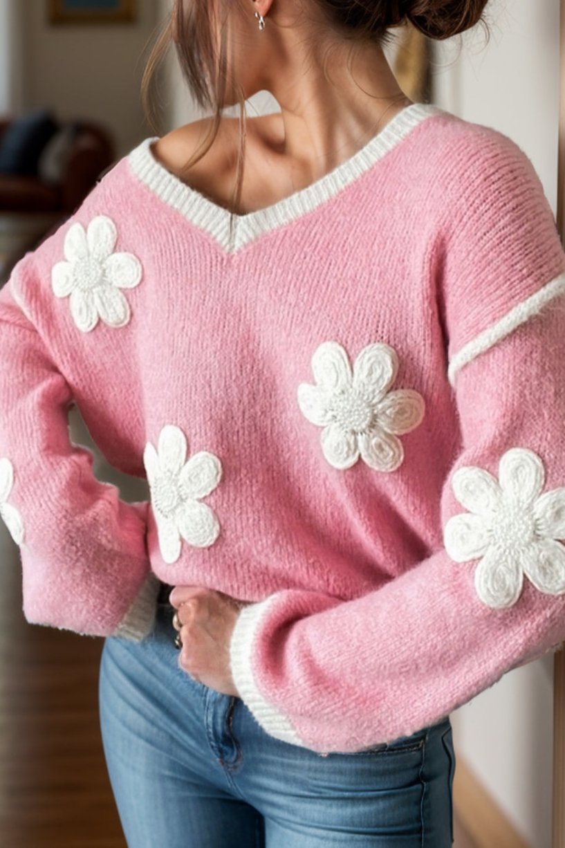 Flower V-Neck Dropped Shoulder Sweater