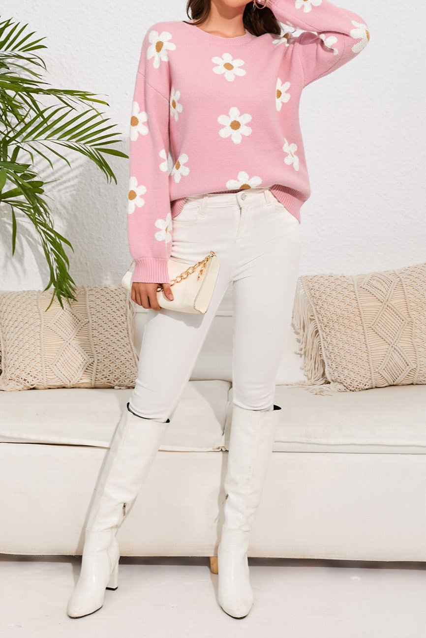 Flower Round Neck Dropped Shoulder Sweater