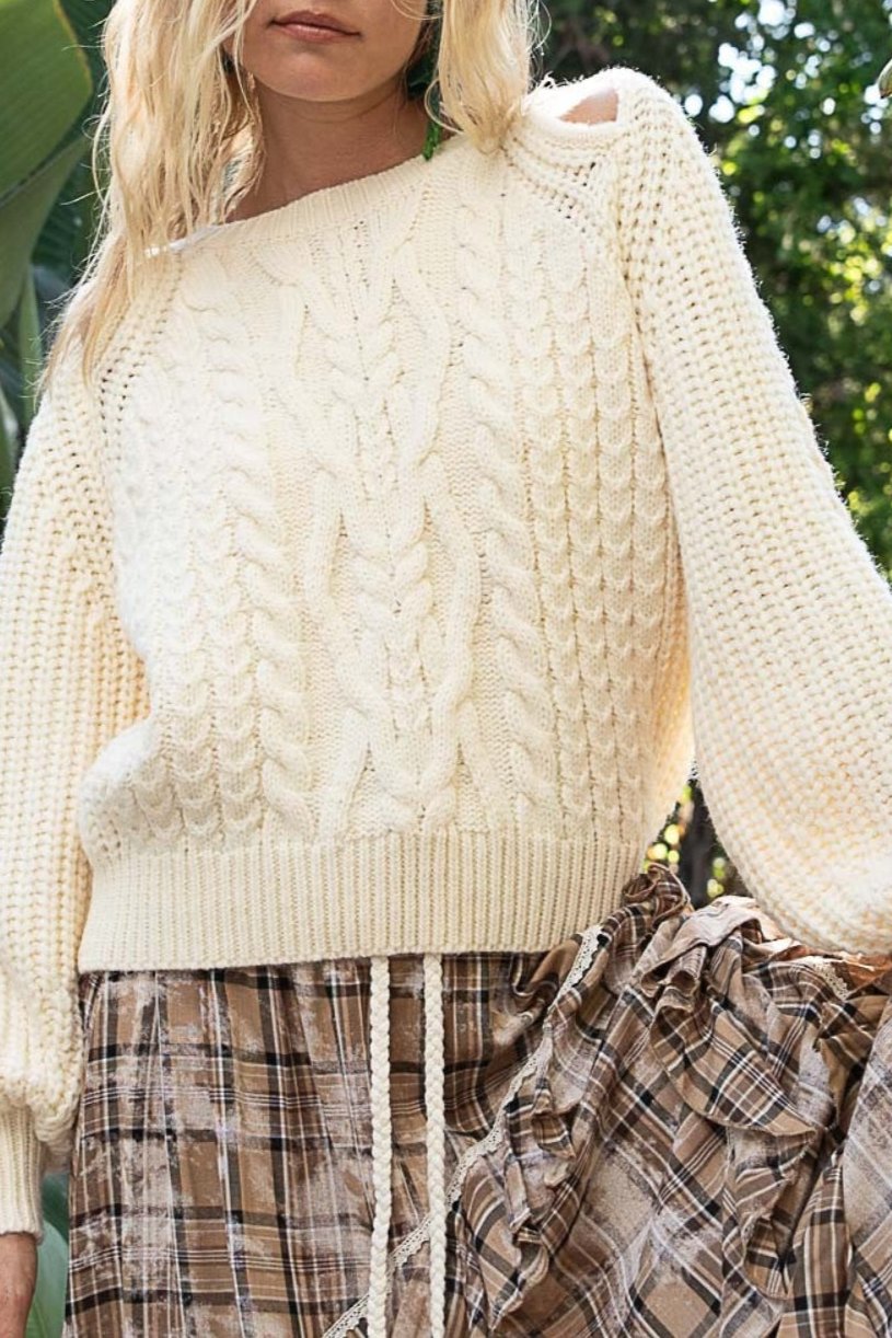 POL Cable Knit Cutout Long Sleeve Sweater