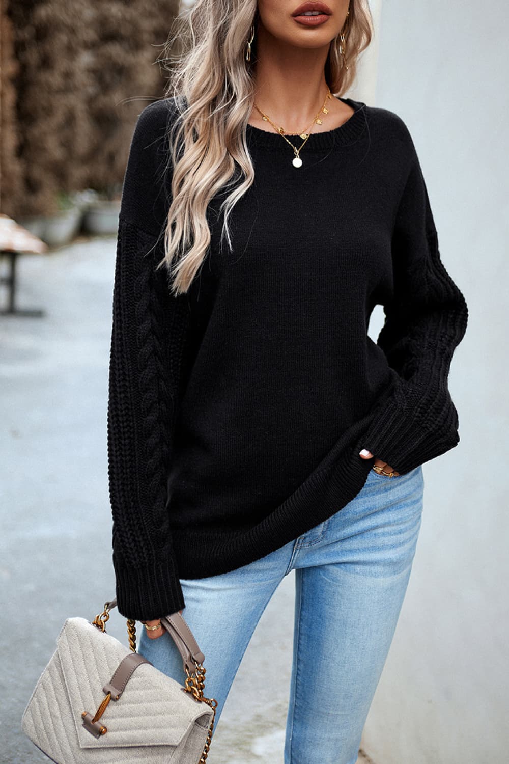 Devine Cable-Knit Round Neck Drop Shoulder Sweater