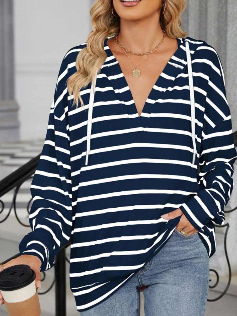 Drawstring Striped Long Sleeve Hoodie